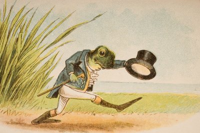 他将A-Wooing的青蛙从“老母鹅的韵律和故事”开始，由Frederick Warne und Co.出版，1890年代（chromolitho） 作者 康斯坦斯·哈斯伍德