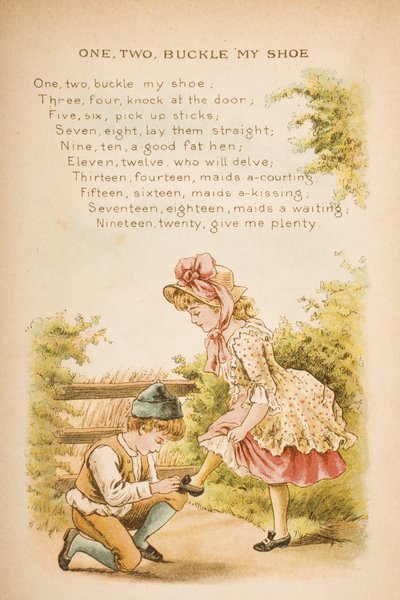 一，二，扣上我的鞋，来自“老母鹅的韵律和故事”，由Frederick Warne und Co.出版，1890年代（chromolitho） 作者 康斯坦斯·哈斯伍德