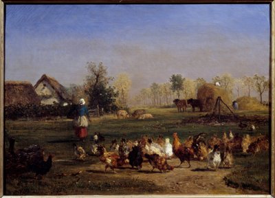 La provende des hens La basse cour (Basse-cour).康斯坦丁-特洛伊翁（1810-1865）的画作 19世纪的太阳。0,51x0,7米 - 母鸡的饲料。农家院。康斯坦丁-特洛伊翁(1810-1865)的画作 作者 永恒埃米尔特罗永