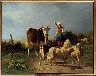 牧羊人与牛羊。Constant Troyon (1810-1865)的画作 19世纪的太阳。0,73x0,92米 作者 永恒埃米尔特罗永