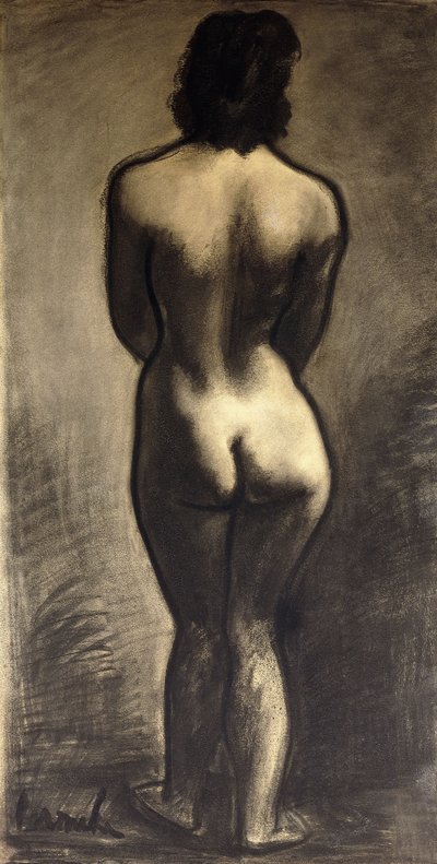 裸体站立； Nu Debout - Stand Naakt，c。 1930 年（黑色粉笔和黑色纸本） 作者 康斯坦特·佩梅克