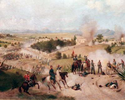 美墨战争：1847 年 8 月 9 日莫利诺德尔雷战役的景色 - （美墨战争，莫利诺德尔雷战役的景色）康斯坦蒂诺埃斯卡兰特（1836-1868）的细节绘画 作者 君士坦丁·埃斯卡兰特（Constantin Escalante）