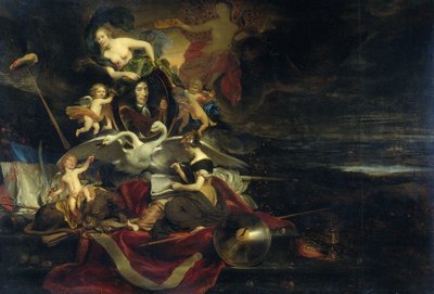 荷兰人袭击梅德威河的寓言（1667 年），附科内利斯-德-维特肖像 作者 科尼利斯·比绍普（Cornelis Bisschop）