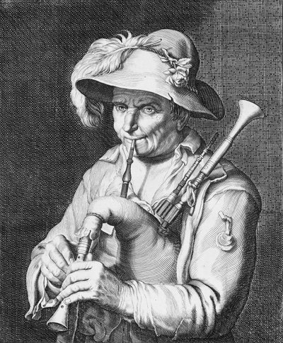 男子吹风笛，17世纪。 作者 科尼利斯·布洛埃马特（Cornelis Bloemaert）