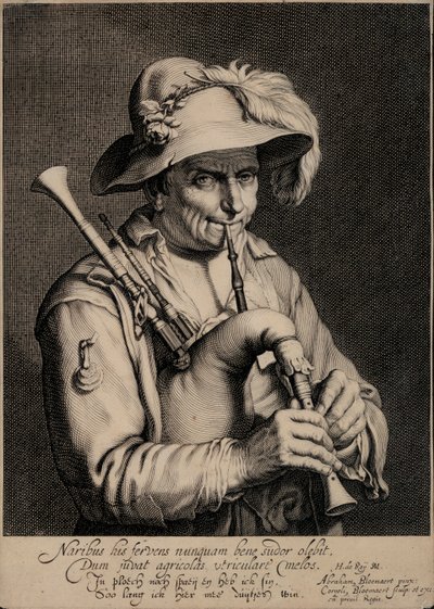 吹奏风笛的男子（雕刻）。 作者 科尼利斯·布洛埃马特（Cornelis Bloemaert）