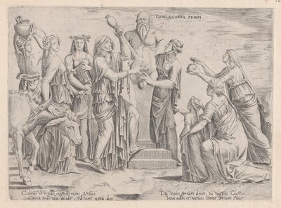 Speculum Romanae Magnificentiae：八位妇女向普里阿普斯献祭，16世纪。 作者 科内利斯·博斯。