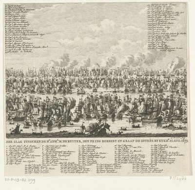 凯克杜因海战，1673 年
基克杜因海战M. de Ruiter、den prince Robbert 和伯爵 de Estrée 在 Kykdn.1673 年 8 月 21 日（标题见实物） 作者 扬·布特胡斯（Jan Bulthuis）