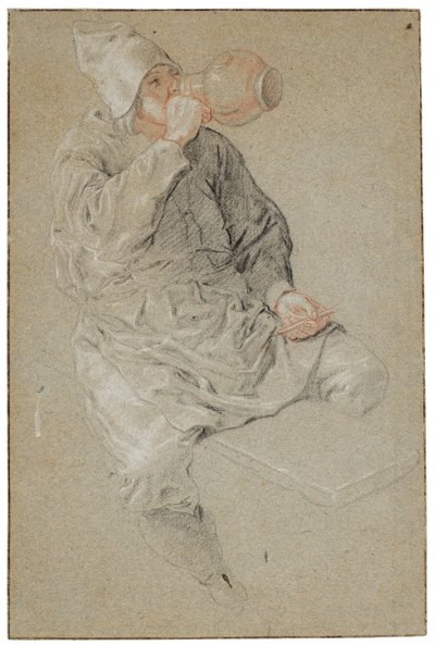 手持烟斗的男子坐着用陶罐喝酒（纸上粉笔画） 作者 科尼利斯·杜萨特