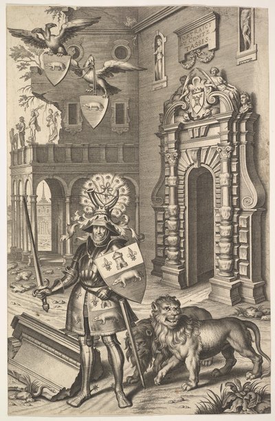 塔西斯伯爵的寓言式画像，出自让-雅克-希弗莱的《Les marques ...》，1645年。 作者 科内利斯·加勒 I.