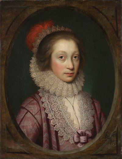 女人的画像，可能是伊丽莎白·布斯比，1619年。 作者 科尼利斯·琼森（Cornelis Jonson）