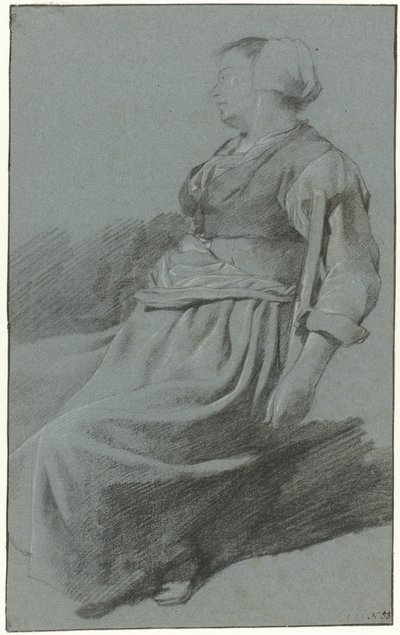 坐着的妇女，面向左侧，戴着帽子，手臂搭在左侧椅背上 作者 Cornelis Pietersz。贝加