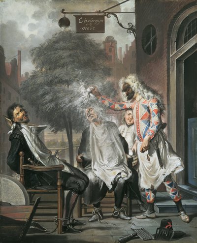 丑角，魔术师和理发师：竞争对手暴露，1738年 作者 Cornelis Troost