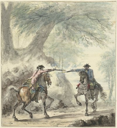 两名骑兵在林间小道上相遇并相互射击 作者 Cornelis Troost