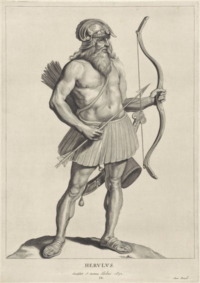 赫鲁伦
Herulus（物体上的标题）
Oude hier woonachtige volken（系列标题）
Peplus sive Gothorum, Wandalorum, Svevorum, Herulorum, Gepidarum, Marcomannorum et quadorum veterum Imagines ex antiquis monumentis et museo Marci Zuerii Boxhornii（系列标题 作者 彼得·克莱兹。苏特曼（归因于）