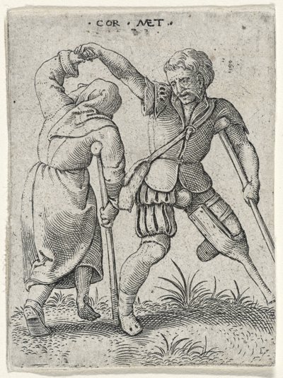 一个男人用木腿转动一个瘸腿的女人在他的胳膊下，1572年（雕刻在纸上） 作者 Cornelis after Massys