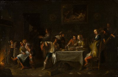 围桌而坐的女士们先生们，c.1612-67（油画、画布和纸） 作者 Cornelis de (attr. to) Wael