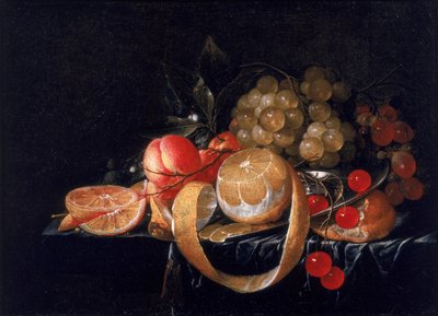 静物与柠檬，葡萄，樱桃和杏子在奖杯板上 作者 Cornelis de Heem