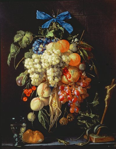 果子花束与在下面壁架的圣餐标志的 作者 Cornelis de Heem