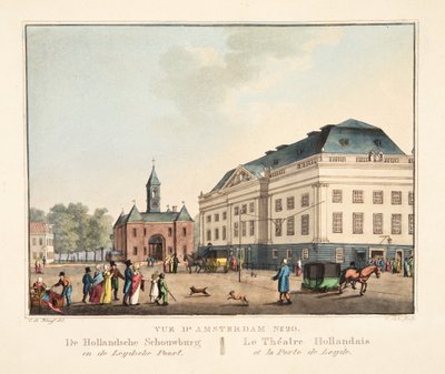 阿姆斯特丹No.20的视图。从Hollandsche Schouwburg en de Leydsche Poort出发。荷兰剧院和莱顿港，1825年（手工彩色雕刻） 作者 科尼利斯·德克鲁伊夫