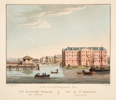 Vue d&39;Amsterdam No.5。海军皇家仓库。 Vuedel&39;Amirautè，1825年（手工彩色雕刻） 作者 科尼利斯·德克鲁伊夫
