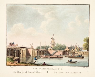 Vue d&39;Amsterdam No.8。 De Hooge或Amstel Sluis。 Le Pont de l&39;Amstel，1825年（手工彩色雕刻） 作者 科尼利斯·德克鲁伊夫