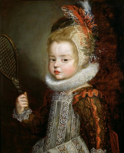 一个孩子拿着球拍的肖像（面板上的油） 作者 Cornelis de Vos