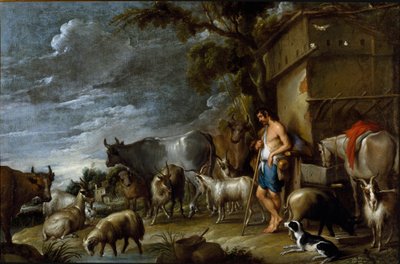 科内利斯-德瓦尔（1592-1667）的画作，大约在1630-1639年。弗拉芒的艺术。浪子的故事：猪群的守卫。有猪、贝利耶、山羊、牛、山羊、马、狗和羊的牧民。布面油画。尺寸：57x86cm。私人收藏，根斯 作者 科内利斯·德·瓦尔