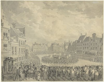 1786 年，乌得勒支 Neude 号上的炮手向专员团宣誓就职 作者 Cornelis van Cuylenburgh (II)（艺术家签名）