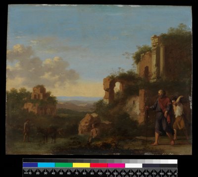 风景，亚伯拉罕和以撒，1667 年前（铜版油画） 作者 科内利斯·范·波伦伯格