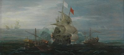 一艘法国船和巴巴里海盗，约 1615 年（橡木板上油画） 作者 科尼利厄斯·波尔（Cornelius Bol）
