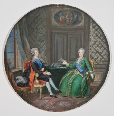1783年弗雷德里克斯汉姆国王古斯塔夫斯三世和凯瑟琳二世（水彩画在羊皮纸上） 作者 科尼利厄斯·霍尔（Cornelius Hoyer）