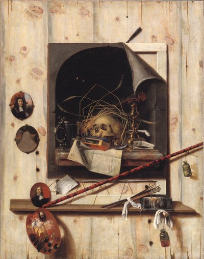 与工作室墙壁和凡尼塔斯静物的错视画 作者 Cornelius Norbertus Gijsbrechts