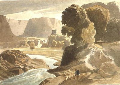 PD.4-1967 带有城堡的山区风景（可能是威尔士的风景），约1802-3（纸上水彩和铅笔）。 作者 Cornelius Varley