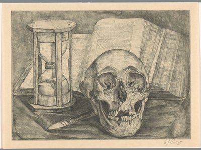 有头骨、沙漏、一本书和一把刀的静物画 作者 Corrie Pabst（艺术家签名）