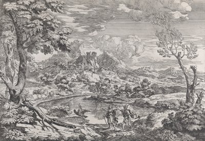 景观，一个人向墨丘利展示朱庇特的鹰，约1695-99年。 作者 Crescenzio Onofri