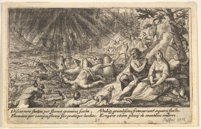 洪水的开始：男人和女人爬到右边的高处，水淹没了...，1612年。 作者 Crispijn de Passe I.
