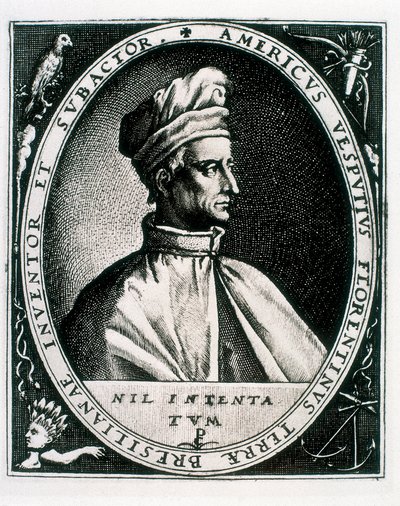 Portrait of Amerigo Vespucci, inscription "Americus Vesputius Florentinus Terrae Bresilianae Inventoret Subactor" (engraving) 作者 克里斯平·德·德（过后）