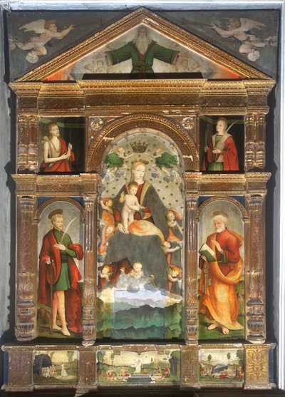 头戴皇冠的圣母子与天使、圣保罗、圣彼得 作者 Cristoforo (fl.1525 1578) & Pancalino Raffaele (fl.1514 1573) Pancalino