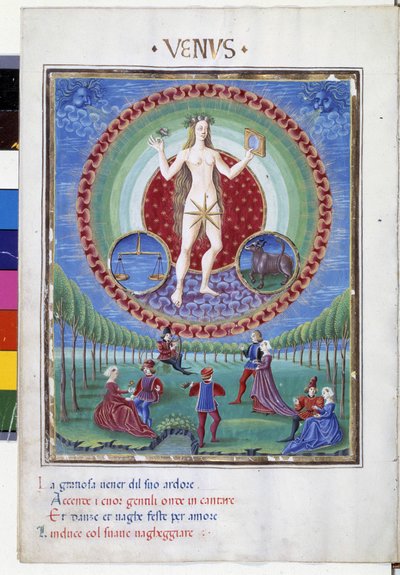 带有平衡和公牛的十二生肖。 楼下，盛况空前。 由 Cristoforo de Predis (v. 1440-v. 1486) 制作的缩影——在“”De Sphaera”””d