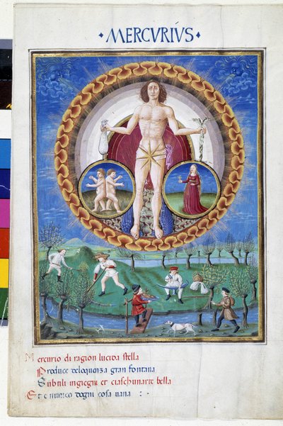 水星与处女和宝石的星座。 楼下，农民在地里干活。 由 Cristoforo de Predis (v. 1440-v. 1486) 制作的缩影——在“”De Sphaera”””d