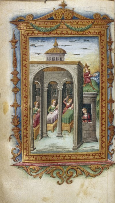 达瑙斯的女儿谋杀了他们的丈夫。监狱中的Hypermnestra插图由Ovid创作的Heroides，1485-1499年 作者 马里斯塔纳（Cristoforo Majorana）