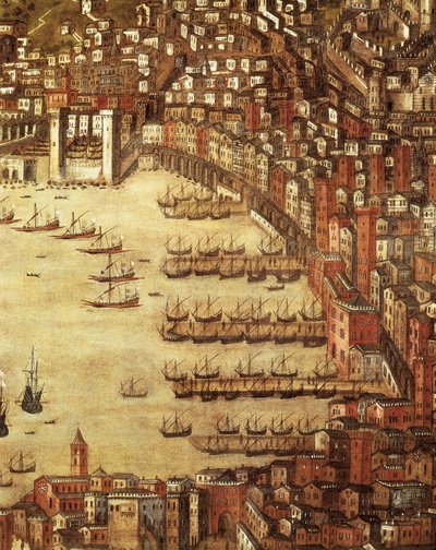 热那亚及其城堡景色（细节） 1597 年（布面油画） 作者 克里斯托弗·德·格拉西
