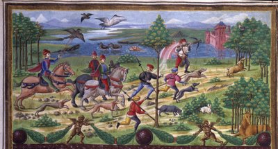 La Chasse在 "Influence de mars "中的细节：打猎和宫廷。Cristoforo de Predis（1440-1486年）制作的微型画--载于《De Sphaera》d