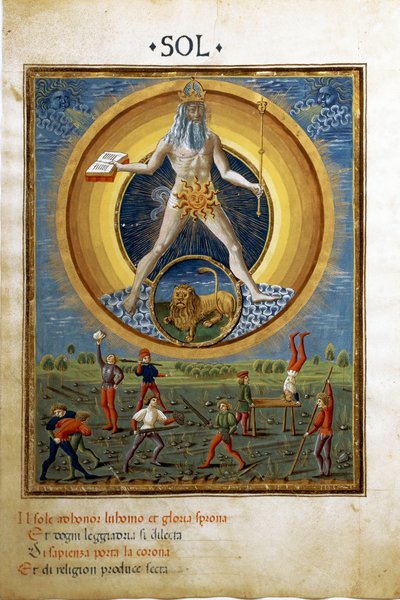 太阳与狮子的十二星座。男人的体育锻炼场景。(微型画，约1470年) 作者 克里斯托福罗·德·普雷迪斯