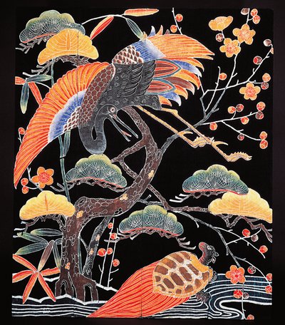 鹤和长尾龟（鹤龟）的细节，和服织物上的吉祥图案，日本文明，江户时代 作者 文化江户
