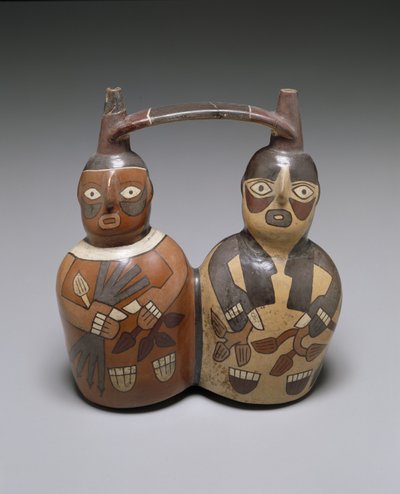 双喷口带柄容器：两个图，纳斯卡中部，公元100-150（陶瓷，带防滑条） 作者 文化纳斯卡