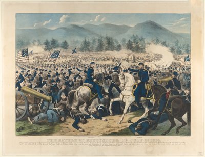 1863年7月3日，宾夕法尼亚州葛底斯堡战役，1863年。 作者 Currier and Ives
