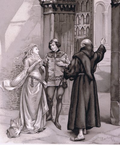 进入Friar Laurence和Romeo，来自罗密欧与朱丽叶的插图， 作者 Curtazzo Curtazzo