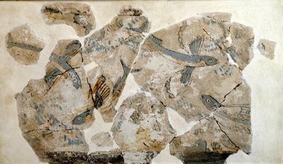 基克拉迪艺术：描绘飞鱼（海燕）的壁画碎片。来自Phylakopi遗址（Melos岛），公元前2500年。23 cm Athenes, national archeological museum - Cycladic art: fragments of a fresco depicting flying fish (terns), from the si 作者 基克拉迪