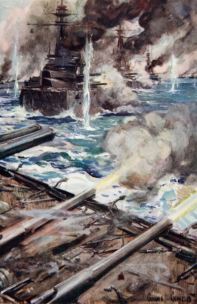“一队战舰射向宽边”，插图来自“小屋中的故事：基督教青年会礼品书”，1916年出版 作者 赛勒斯·库尼奥